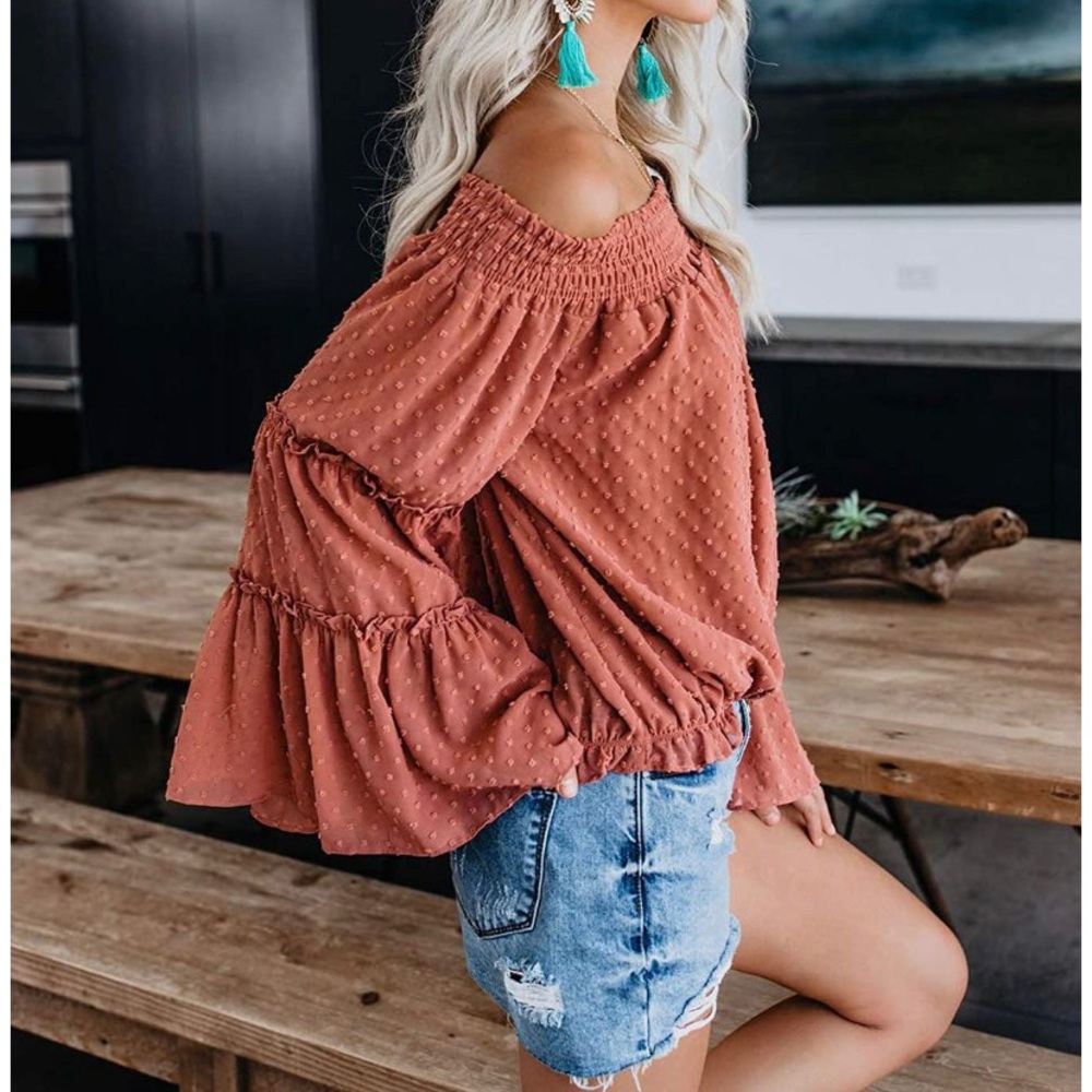 Off The Shoulder Chiffon Bell Sleeve Ruffle Tunic - Picture 2 of 4
